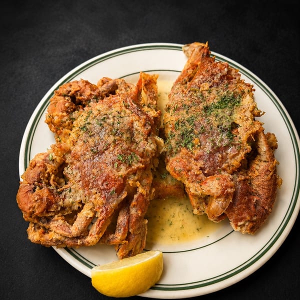 Two crispy fried soft-shell crabs with sauce and a lemon wedge on a white plate.
