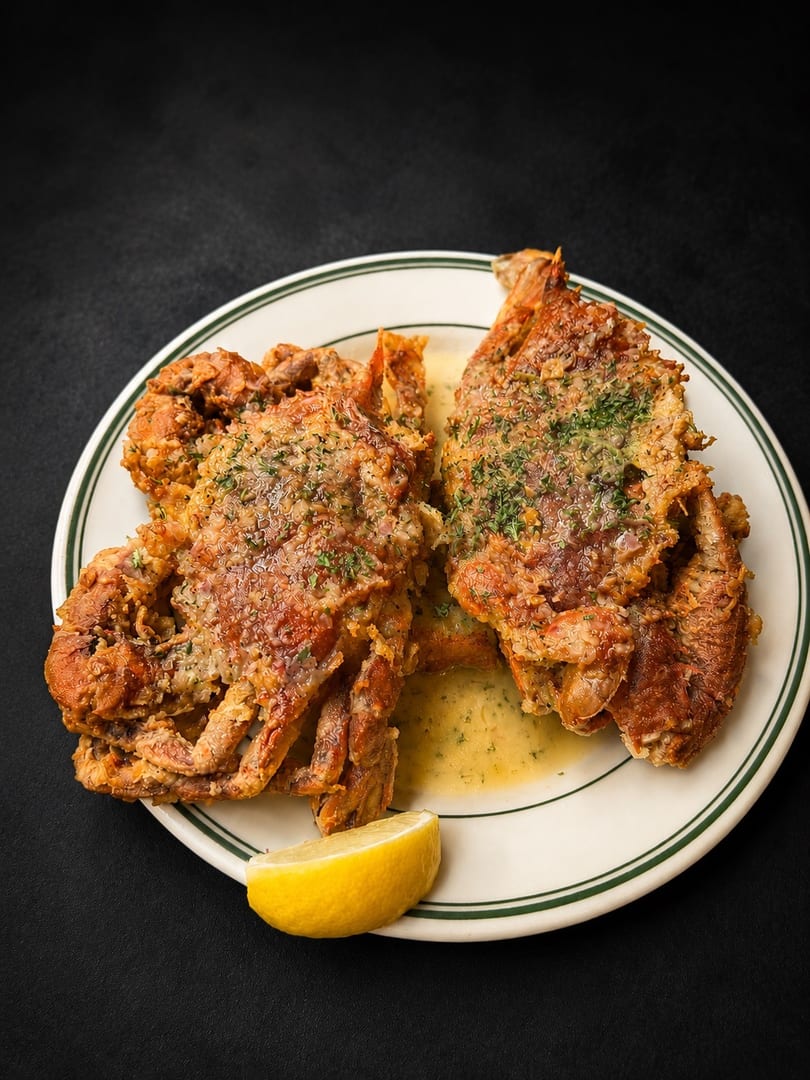 Two crispy fried soft-shell crabs with sauce and a lemon wedge on a white plate.