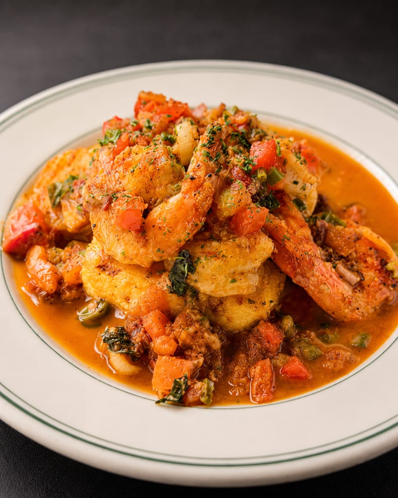 Shrimp and grits with a rich tomato-based sauce, garnished with fresh herbs on a white plate.