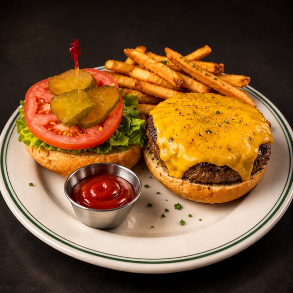Cheeseburger with lettuce, tomato, pickles, fries, and ketchup on a white plate.