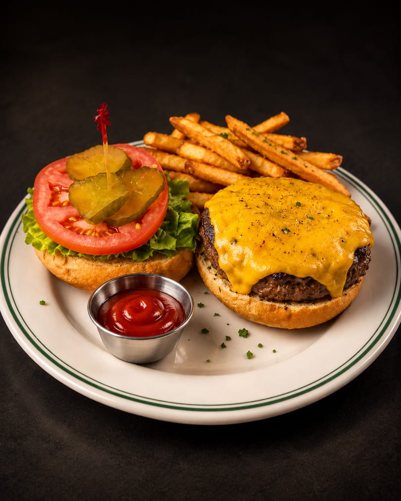 Cheeseburger with lettuce, tomato, pickles, fries, and ketchup on a white plate.