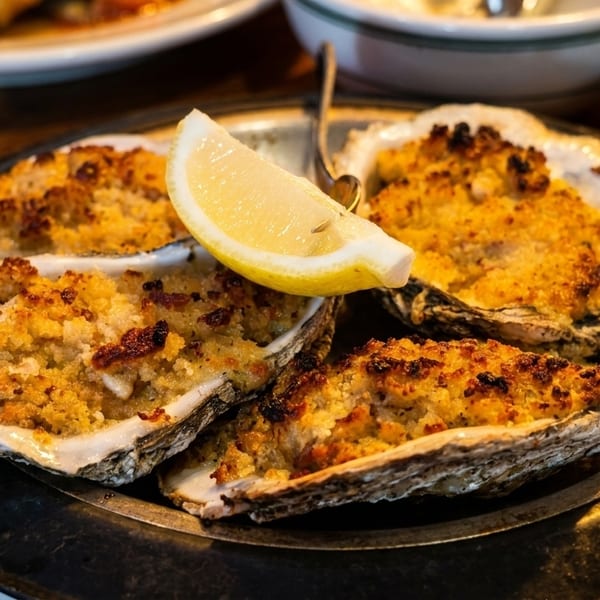 Four baked oysters with golden breadcrumb topping and a lemon wedge on a dark plate.