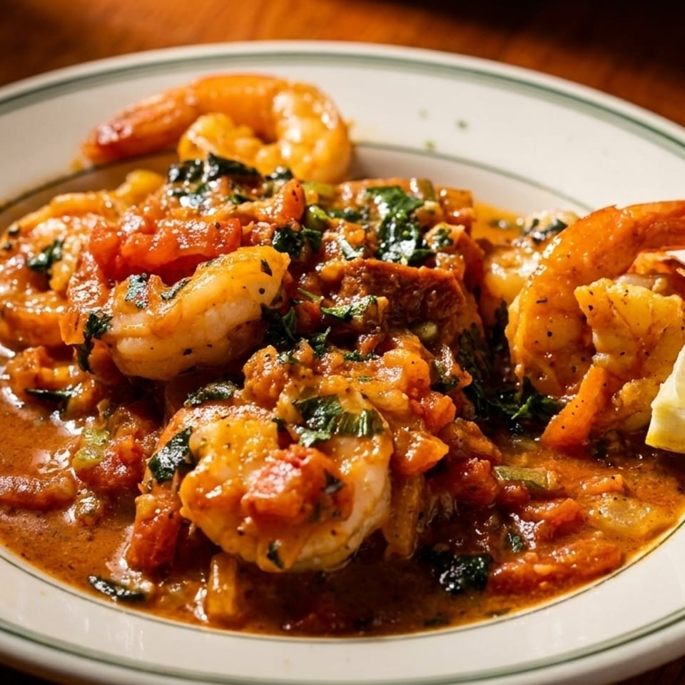 Shrimp and grits with a lemon wedge, served in a white bowl with a green rim.