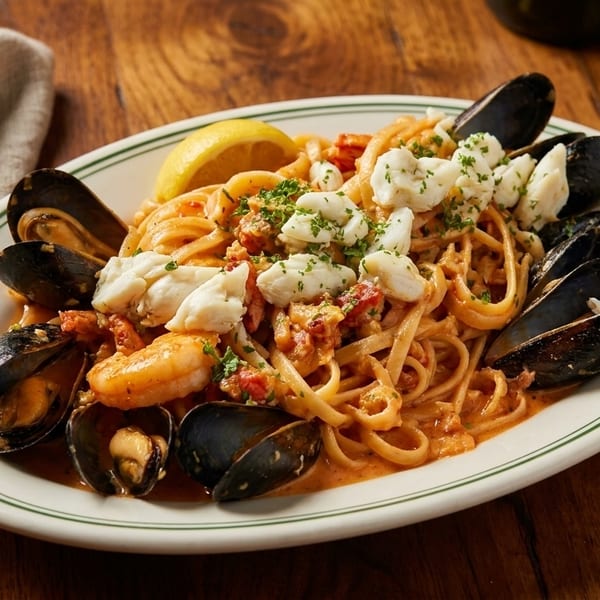 Seafood linguine with mussels, shrimp, crab meat, and a lemon wedge on a white plate.