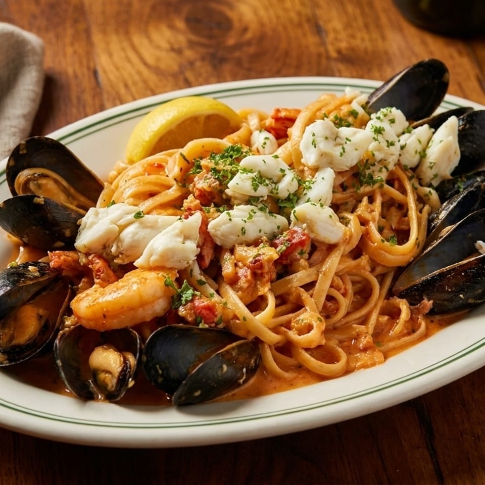 Seafood linguine with mussels, shrimp, crab meat, and a lemon wedge on a white plate.