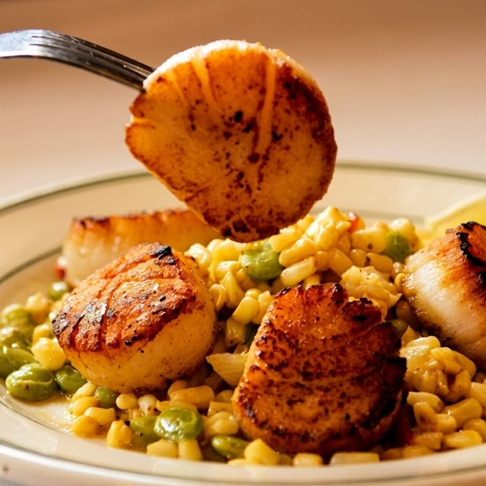 A fork lifts a seared scallop from a plate of scallops, corn, and lima beans.