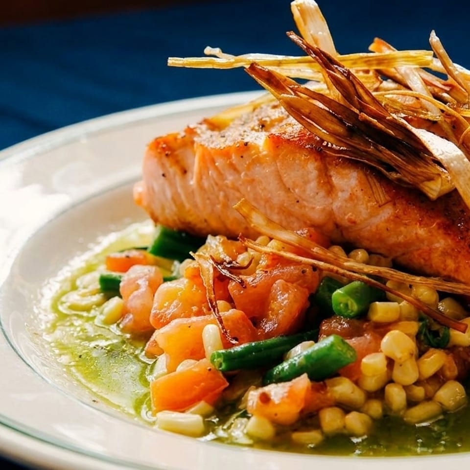 Pan-seared salmon with crispy leeks, corn, green beans, and diced tomatoes in a green sauce.