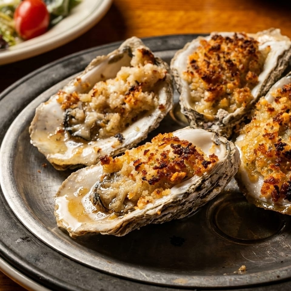 Four baked oysters with golden-brown breadcrumb topping on a dark metal plate, with a salad in the background.